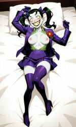 ai_generated big_breasts bow_in_hair breasts_out collared_shirt crazy_eyes crazy_girl crazy_smile curvy dc dc_comics female female flower genderswap_(mtf) gloves green_hair green_shirt heels joker laying_on_bed open_coat opened_shirt pale_skin pixai purple_bow purple_coat purple_gloves purple_heels purple_skirt purple_suit purple_thighhighs red_eyes red_lips red_pupils rule_63 skirt the_joker thighhighs twintails white_skin yellow_sclera yellow_teeth