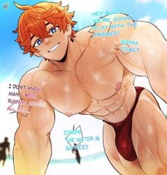 1boy 2boys athletic beach big_bulge bulge bulge_through_clothing childe_(genshin_impact) flaccid_penis gay genshin_impact ginger ginger_hair huge_cock kingdom_velvet legs_open male massive_penis muscles muscular muscular_male partially_clothed red_clothing speedo tartaglia_(genshin_impact)