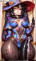 ai_generated black_gloves black_hair blue_leotard bodysuit_under_clothes breasts cape choker closed_eyes cuckingmama detached_sleeves earrings erection female genshin_impact gloves hat jewelry leotard long_hair lying medium_breasts mona_ mona_(genshin_impact) pantyhose penis sleeping solo star_ star_earrings tagme thighs twintails witch_hat