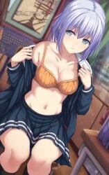 1girls bad_id bad_twitter_id bang_dream! bare_shoulders black_shirt black_skirt black_socks blue_eyes bra breasts cleavage closed_mouth collarbone female frown highres kneehighs kurata_mashiro long_sleeves looking_at_viewer medium_breasts miniskirt narafume navel open_clothes open_shirt orange_bra pleated_skirt school_uniform shirt short_hair sitting skirt socks solo stomach tsukinomori_school_uniform underwear undressing white_hair