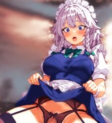 absurdres apron black_garter_belt black_hair blue_eyes blush bow bowtie braid breasts clothes_lift collared_shirt female female_pubic_hair flandzen garter_belt green_bow grey_hair highres izayoi_sakuya lace-trimmed_garter_belt lace-trimmed_legwear lace_trim large_breasts maid maid_headdress mismatched_pubic_hair no_panties open_mouth pubic_hair puffy_short_sleeves puffy_sleeves shirt short_sleeves sitting skirt skirt_lift thighhighs touhou twin_braids waist_apron white_shirt