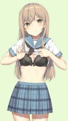 1girls black_bra black_neckerchief blue_sailor_collar blue_skirt blush bra breasts brown_hair cleavage clothes_lift commentary_request cowboy_shot green_background grin highres lifting_own_clothes lingerie long_hair looking_at_viewer medium_breasts miniskirt neckerchief original parted_lips plaid_clothes plaid_skirt pleated_skirt sailor_collar school_uniform serafuku shirt shirt_lift short_sleeves sidelocks simple_background skirt smile solo standing stomach takayaki underwear white_shirt yellow_eyes
