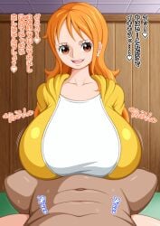 boner boobjob breasts breasts breasts dark_hair erection female japanese_text koktter male nami_(one_piece) nico_robin nipples one-piece paizuri penis penis_between_breasts text titsjob translation_request