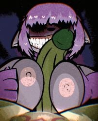2025 2d_animation animated anthro areola big_penis biped breast_play breasts digital_media_(artwork) duo empty_eye_sockets erection female female_anthro first_person_view fur genitals green_penis grey_body grey_fur grin grinion hair hair_over_eyes huge_cock humanoid_genitalia humanoid_penis loop low_res male male/female nipples penis pov_titfuck purple_body purple_fur purple_hair sex skashi95 smile titjob