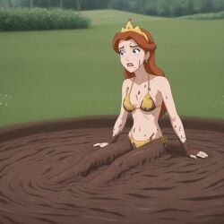 ai_generated breasts brown_hair dirty dirty_girl female female_only golden_bikini mud mud_pit muddy nai_diffusion original solo stable_diffusion