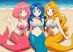 3_mermaids 3girls accurate_art_style ai_generated airetromonger alluring beach blonde_hair blue_eyes blue_hair breasts cleavage daisy_(pokemon) female female_focus female_only green_eyes lily_(pokemon) lingerie medium_breasts merfolk mermaid mermaid_only nintendo ocean pink_hair png pokemon pokemon_(anime) red_eyes seashell_bra silf silfs sisters violet_(pokemon)