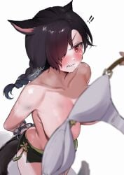 bound_wrists bra breasts chains convenient_censoring female final_fantasy_xiv miqo'te red_eyes shhilee tail tears thighs topless