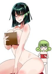 2girls book book_covering_breasts covered_breasts covered_nipples female female_focus female_only fubuki_(one-punch_man) green_hair light-skinned_female light_skin one-punch_man sleepingmarlon2 small_breasts tatsumaki white_background
