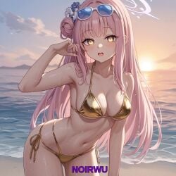 ai_generated ai_slop_(low_quality_ai) beach bikini blue_archive blush golden_bikini golden_eyes long_hair medium_breasts mika_(blue_archive) noirwu ocean open_mouth pink_hair sexy sexy_pose sunglasses sunset