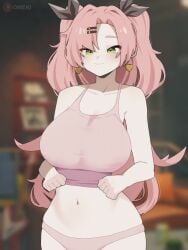 1girls 3:4 alternate_costume animated black_ribbon blurry blurry_background bouncing_breasts breast_drop breasts closed_mouth commentary earrings female green_eyes hair_ribbon heart heart_earrings huge_breasts jewelry lifting_own_clothes long_hair mole mole_on_breast navel nicole_demara nipples omeki panties pink_hair pink_panties ribbon shorter_than_10_seconds smile solo stomach tagme two_side_up ugoira underwear vertical_video video zenless_zone_zero