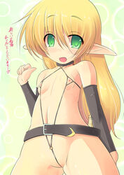 belt blonde_hair blush breasts collar detached_sleeves elf female green_eyes kourourin long_hair looking_at_viewer navel nipples open_mouth original pointy_ears small_breasts smile solo standing text translation_request