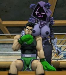 1boy 1girls 3d 3d_(artwork) adorable boxers boxing_gloves breasts confused crossover cute eastern_and_western_character epic_games female fortnite horn little_mac male muscular muscular_male nintendo nude nude_female punch-out!! pussy raven_team_leader seductive seductive_look video_games