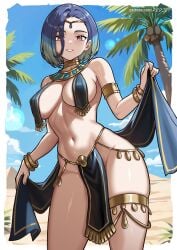 1girls blue_hair collar desert harem_outfit jewelry perrin_(pokemon) pokemon pokemon_sv red_eyes redjet short_hair slave smile