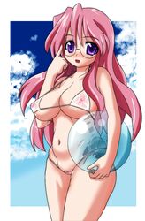 areolae ball beach_ball bikini breasts cloud clouds covered_nipples erect_nipples female female_only glasses human kuroore large_breasts long_hair lucky_star miyuki_takara pink_hair purple_eyes pussy see-through sky solo swimsuit white_bikini white_swimsuit