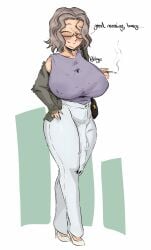 1futa 1girls bag blush blush bulge_through_clothing cardigan cigarette closed_eyes closed_eyes erection_under_clothes female fully_clothed futa_focus futa_milf futa_mommy futanari glasses hand_on_hip heels jeteggs large_breasts milf mommy nipples_visible_through_clothing original original_character pants smile smoking solo solo_focus thick thick_lips thick_thighs