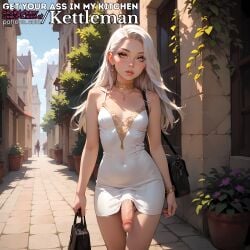 ai_generated amber_eyes circumcised cocktail_dress dickgirl dress earrings futanari intersex kettleman large_penis penis_under_dress penis_under_skirt seductive sexy skirt slender_waist slim_waist solo veiny_penis white_hair yellow_eyes