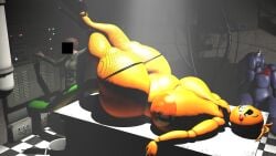 3d 3d_(artwork) abandoned_animatronic alternate_universe animatronic animatronic_female animatronic_suit au big_areola black_eyes closed_mouth cum_in_ass employee employee_uniform filling fishnets fishnets_only five_nights_at_freddy's five_nights_at_freddy's_2 huge_ass huge_breasts identity_censor illuminated larger_female laying laying_on_table legs_up lost_view maintenance masked mysterious_identity naked phantom_pupils purpleyblack reactivating sfm sharp_teeth smile source_filmmaker taller_female thick_legs  thick_thighs toy_chica_(cyanu) toy_chica_(fnaf) tube_in_ass uncensored uncensored_nipples white_pupils