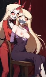 2girls ai_generated bead_necklace bondage bound charlie_morningstar_(hazbin_hotel) demon exposed_breasts female femsub gagged hand_on_shoulder hazbin_hotel horns lilith_morningstar_(hazbin_hotel) mother_and_daughter red_sclera tape_bondage tape_gag taped_mouth torn_clothing