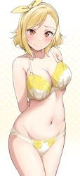 1girls black_pantyhose blonde_hair blush bra breasts cleavage closed_mouth collarbone commentary female gusset highres large_breasts long_hair looking_at_viewer love_live! love_live!_nijigasaki_high_school_idol_club miyashita_ai nervous orange_eyes panties panties_under_pantyhose pantyhose sitting smile solo split_mouth sweat thighband_pantyhose underwear wariza white_bra white_panties yopparai_oni