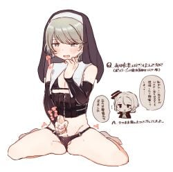 2boys ass_visible_through_thighs balls barefoot black_bra black_panties black_veil blonde_hair blush bra chibi commentary_request crossdressing cum erection eyelashes hat highres kuchiba_naruomi low_ponytail male male_focus male_masturbation masturbation mini_hat mini_top_hat multiple_boys nie_no_machi noto_(uterus_tntn) nun open_mouth otoko_no_ko panties pectoral_cleavage pectorals penis ponytail short_hair short_ponytail solo solo_focus sound_effects speech_bubble spread_legs sweat testicles thighs top_hat translation_request underwear veil white_background