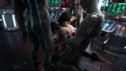 1boy 3d animal black_hair bodysuit breasts city cum cum_in_pussy female ground_vehicle large_breasts nipples on_back paizuri penis saliva sex solo_focus straight vaginal_penetration zoophilia