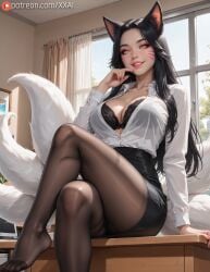 1girl, \\\\\\\\\\\\\\\\(league address, ahri animal artist at black bra bra, breasts breasts, brown classroom, cleavage, clothes, collarbone, collared crossed curtains, day, desk, dress ears, eyes, facial fang, fangs, feet feet, fingernails, fox frame, girl, gumroad hair, high-waist in, indoors, kitsune, kyuubi, lady, large legends\\\\\\\\\\\\\\\\), legs, legwear, lips, logo, long looking mark, markings, multiple nail nails, name, no nose, of office office, on open out pantyhose, partially patreon pencil pink polish, pupils, see-through see-through, shirt shirt, shoes, sitting sitting, skirt, sleeves, slit smile, solo, tail, tails, teeth, thighs, through toenails, toes, tucked unbuttoned, underwear, username, viewer, visible web whisker white window, yellow