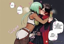 2girls against_wall ai_generated artist_name ass bare_shoulders belt black_hair blush breast_press breasts bulge cape closed_eyes clothed_sex crop_top cum cum_in_clothes cum_on_clothes dark-skinned_female dark_skin dress ejaculation emerald_sustrai english_text erection erection_under_clothes french_kiss futa_with_female futanari futasub gradient_hair green_hair heart kissing large_breasts long_hair long_sleeves medium_breasts midriff multicolored_hair multiple_girls pantyhose patreon_username penis red_hair ruby_rose rwby short_hair short_hair_with_long_locks short_shorts shorts speech_bubble sweat thought_bubble tillian trembling white_shorts