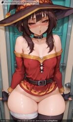 ai_generated bandaged_leg bandages bare_shoulders belt belt_collar black_belt black_gloves black_hair black_legwear blush breasts brown_hair buckle cape collar covered_nipples cuckingmama door dress female fingerless_gloves gloves hat indoors looking_at_viewer megumin no_panties pussy red_dress red_eyes short_hair short_hair_with_long_locks sidelocks single_thighhigh skindentation small_breasts solo tagme thick_thighs thighhighs thighs witch_hat