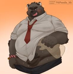 2025 96panda anthro bear belly big_belly blush bodily_fluids bulge clothing genital_fluids hi_res kemono male mammal necktie open_mouth overweight overweight_male precum shirt simple_background solo_focus sweat topwear underwear
