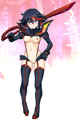 1girls black_hair blush breasts female female_only grin harukigenia horns innie_pussy kill_la_kill living_clothes matoi_ryuuko multicolored_hair nipples pussy red_hair revealing_clothes scissor_blade senketsu short_hair skirt smile solo suspenders sword thighhighs two_tone_hair uncensored weapon