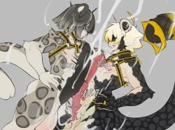 animal_genitalia animal_penis anthro balls big_penis black_body black_fur bodily_fluids cum cum_on_face cumshot doink_(artist) duo ejaculation equine_genitalia equine_penis fangs felid femboy fluffy fluffy_tail fur genital_fluids genitals grey_body grey_fur grey_hair hair hands_on_hips harness harness_only hi_res huge_cock hyper hyper_genitalia hyper_penis industrial_piercing_ladder long_tail male male/male mammal mismatched_animal_penis mismatched_genitalia mismatched_penis nipples pantherine penis side_view snow_leopard tail teeth white_hair
