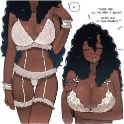 dark-skinned_female dark_skin female female_only lingerie long_hair ohasi ohasiart solo text thick_thighs white_bra white_panties
