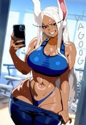 abs animal_ears boku_no_hero_academia breasts clothes_pull english_text highres large_breasts mirror_selfie miruko my_hero_academia pulling_own_clothes rabbit_ears red_eyes rumi_usagiyama selfie shiny_skin smile solo sports_bra sweat thick_thighs thighs thong wagoogin watermark white_hair