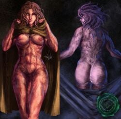 abs ass back_muscles breasts brown_hair burn_scar cloak deep_one_dagon elden_ring female highres hood hooded_cloak looking_back looking_down melina_(elden_ring) muscular muscular_female purple_eyes purple_hair scar signature thighs yellow_eyes