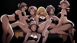 6girls alternate_lighting alternate_version_available ass bent_over big_breasts black_bra black_panties blonde_hair blue_eyes bottomwear bra breasts brown_eyes brown_hair caroline_(pokemon) cleavage delia_ketchum_(pokemon) ear_piercing earrings female female_only footwear game_freak grace_(pokemon) green_eyes hair hair_ornament hair_over_one_eye heels high_heels lace lace-trimmed_bra lace-trimmed_panties lace_trim legs lingerie long_hair lusamine_(pokemon) mature mature_female mature_woman milf mother mother_(pokemon_bw) mother_(pokemon_sv) multiple_females multiple_girls neckwear panties pokemon pokemon_(anime) pokemon_bw pokemon_sm pokemon_sv purple_eyes short_hair sideboob smile thighs topwear vivivoovoo