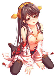 bare_shoulders black_hair blush boots breasts brown_eyes detached_sleeves female hairband haruna_(kantai_collection) highres japanese_clothes kantai_collection long_hair looking_at_viewer nazu-na nipples open_mouth personification simple_background sitting skirt smile solo thigh_boots thighhighs wariza