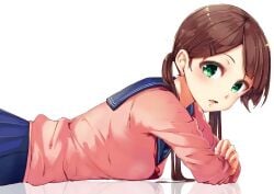 1girls arm_support blue_skirt blush breast_press breasts brown_hair commentary female funyariko green_eyes hair_ornament hairclip long_hair long_sleeves looking_at_viewer looking_to_the_side low_twintails lying medium_breasts neckerchief on_stomach open_mouth original pink_shirt pleated_skirt red_neckerchief reflection school_uniform serafuku shirt simple_background skirt solo twintails upper_body white_background