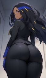 1girls ai_generated ass ass_focus black_hair black_jacket black_pants blue_gloves busty closed_mouth curvy dark-skinned_female dark_skin dat_ass from_behind from_below geeta_(pokemon) gloves imminent_facesitting looking_back looking_down multicolored_hair pokemon pokemon_(game) pokemon_sv smile solo thick_thighs yellow_ribbon