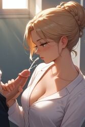 ai_generated blonde_hair buttoned_shirt cleavage collarbone cum ejaculation eyelashes female female freckles handjob shirt solo stable_diffusion