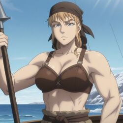 ai_generated bandana blonde_female blonde_hair blonde_hair_female blue_eyes bra breasts cleavage female female_focus female_only fishing half-dressed half_naked hunting iceland icelandic light-skinned_female mature_female mature_woman muscle_mommy nordic nordinex5 norse_woman outdoors pale-skinned_female perfect_body solo solo_female solo_focus spear spear_fishing stable_diffusion toned_body toned_female topless topless_female viking_female vinland_saga ylva_(vinland_saga)