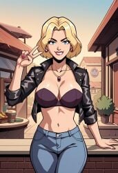 1girls ai_generated big_breasts biker_clothes black_jacket black_strapless blonde_hair breasts cleavage creature_commandos cropped_jacket dc dc_comics earrings female female_focus female_only huge_boobs huge_breasts ilana_rostovic jacket jeans jewelry large_boobs large_breasts leather leather_clothing leather_jacket looking_at_viewer making_peace_sign midriff necklace outdoors outside peace_sign pose posing posing_for_the_viewer short_hair smirk solo solo_female solo_focus strapless v zupern0va_(manipper)