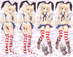 anchor ass black_panties blonde_hair blush boots breasts dakimakura_design elbow_gloves female gloves hair_ornament hairband high_heels highleg highleg_panties kantai_collection long_hair looking_at_viewer looking_over_shoulder lying nanami_ayane navel nipples on_back panties panties_aside personification pussy rensouhou-chan shimakaze_(kantai_collection) skirt small_breasts solo striped striped_legwear thighhighs thighhighs_pull uncensored underwear vagina white_gloves