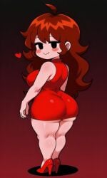ai_generated auburn_hair big_ass big_breasts black_eyes blush breasts busty clothed curvy female friday_night_funkin girlfriend_(friday_night_funkin) heart_around_head heels long_hair messy_hair pixai red_dress red_heels sleeveless_dress smile smiling solo thick_thighs