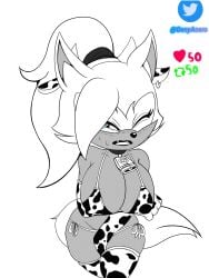 animal_ears anthro bell_collar bikini blue_eyes blush choker_bell collarbone cow_bikini cow_print earrings elbow_gloves genyacero hair_over_one_eye horns_hairband large_breasts long_gloves long_hair looking_at_viewer one_eye_closed pierced_ears ponytail simple_background sonic_(series) sonic_the_hedgehog_(idw) tail thighhighs whisper_the_wolf white_background wolf_ears wolf_girl wolf_tail