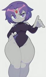 1girl 5_fingers ai_generated arm_sleeves armsleeves big_ass black_arm_sleeves black_pantyhose dc female gem_on_forehead gray_background medium_breasts pantyhose pixai purple_eyes purple_hair raven_(dc) short_hair simple_background slim_waist solo thick_thighs wide_hips