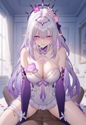 1girls ai_generated blush castorice_(honkai:_star_rail) cowgirl_position dark-skinned_male deep_penetration degenbrecher dress elf_ears female flowers honkai:_star_rail honkai_(series) hoyoverse large_breasts long_hair mihoyo purple_eyes pussy_juice sex steam white_dress white_skinned_female