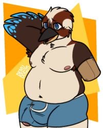 2025 amputee anthro armpit_hair artist_name avian beak belly_overhang bent_arm bird black_beak black_eyebrows blue_boxers blue_clothing blue_eyes blue_markings blue_underwear body_hair boxers_(clothing) brown_armpit_hair brown_body brown_feathers cheek_tuft clothed clothing colored coraciiform dekudog digital_drawing_(artwork) digital_media_(artwork) english_description eyebrows facial_tuft feather_markings feathers genitals half-length_portrait hand_behind_head kingfisher kookaburra male markings missing_arm multicolored_body multicolored_feathers navel nervous_smile nipples orange_background overweight overweight_anthro overweight_male pecs penis penis_poking_out pink_nipples pink_penis portrait pupils red_tongue shaded simple_background simple_shading solo standing text thick_thighs tongue topless topless_anthro topless_male tuft underwear white_body white_feathers white_pupils