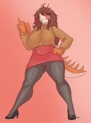 2025 5_fingers absurd_res alternate_costume anthro aquilops artist_name ass big_breasts biped black_bottomwear black_clothing black_pants bottomwear breasts brown_clothing brown_hair brown_sweater brown_topwear butt_from_the_front camel_toe ceratopsian clothed clothed_anthro clothed_female clothing colored dinosaur eyebrow_through_hair eyebrows facial_horn female fingers footwear goodbye_volcano_high gradient_background hair half-closed_eyes hand_on_hip hi_res high_heels holding_object horn humanoid_hands hyuvevo long_hair looking_at_viewer looking_down low-angle_view multicolored_body multicolored_scales narrowed_eyes non-mammal_breasts orange_body orange_scales ornithischian pants prehistoric_species red_bottomwear red_clothing red_eyes red_skirt reptile rosa_(gvh) scales scalie shoes simple_background skirt smile solo spiked_tail spikes spikes_(anatomy) spread_legs spreading standing sweater tail text thick_thighs tight_bottomwear tight_clothing tight_pants topwear translucent translucent_hair two_tone_body two_tone_scales upskirt white_body white_scales