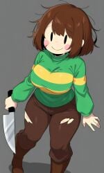 after_battle aged_up ai_generated black_eyes blush_stickers bob_cut brown_boots brown_hair brown_pants busty chara chara_(undertale) clothed curvy cuts holding_knife holding_weapon knife messy_hair pale_skin pixai scratches simple_background striped_shirt tall torn_clothing torn_pants turtleneck undertale undertale_(series)