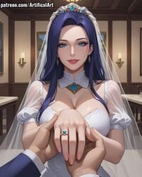 1girls ai_generated arcane artifical_art blue_eyes blue_hair bride caitlyn_(league_of_legends) caitlyn_kiramman league_of_legends light-skinned_female long_hair netflix perfect_body riot_games